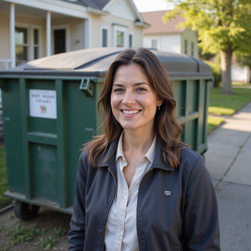 Woman smiles near a green dumpster in a residential neighborhood.