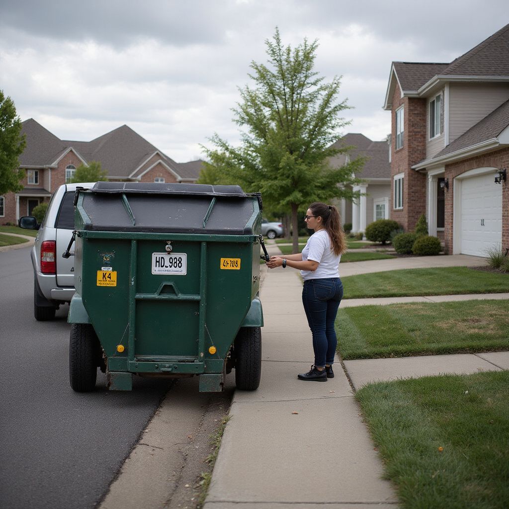 Woman operating a green automated trash bin on a residential street. White car parked nearby. Cloudy sky.