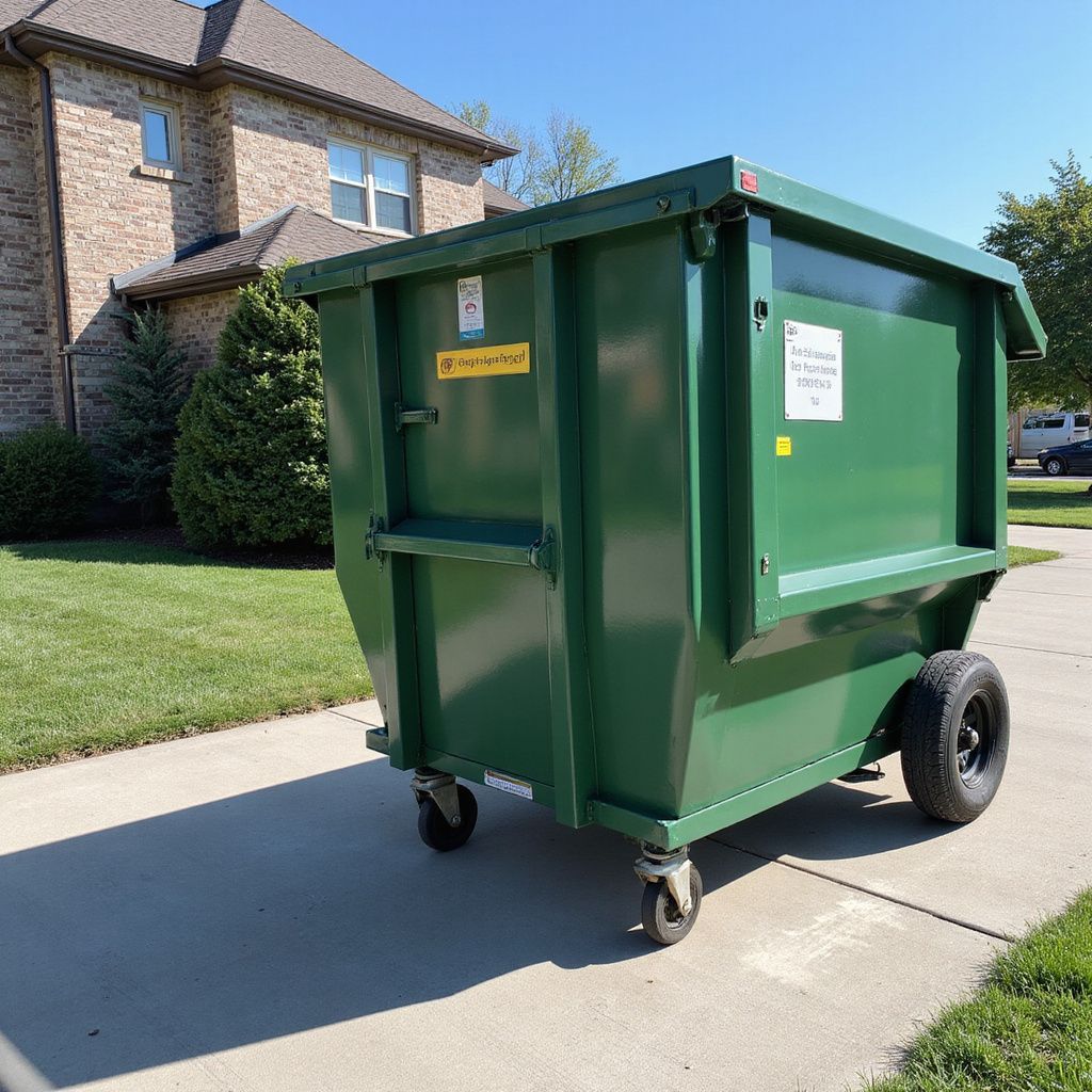 Green dumpster with wheels on a sidewalk in front of a brick house on a sunny day.