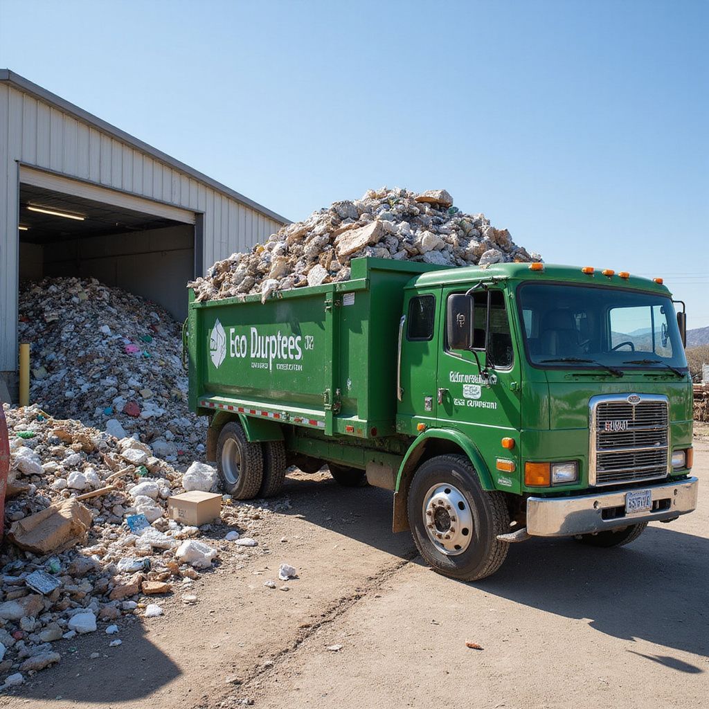 Green truck loaded with debris, parked at a facility with a large pile of waste outside a warehouse.