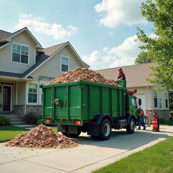 Green dump truck filled with debris in front of a house, workers loading material.