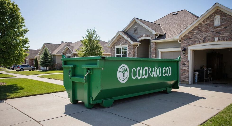 Green Colorado Eco dumpster in a driveway of a suburban house.