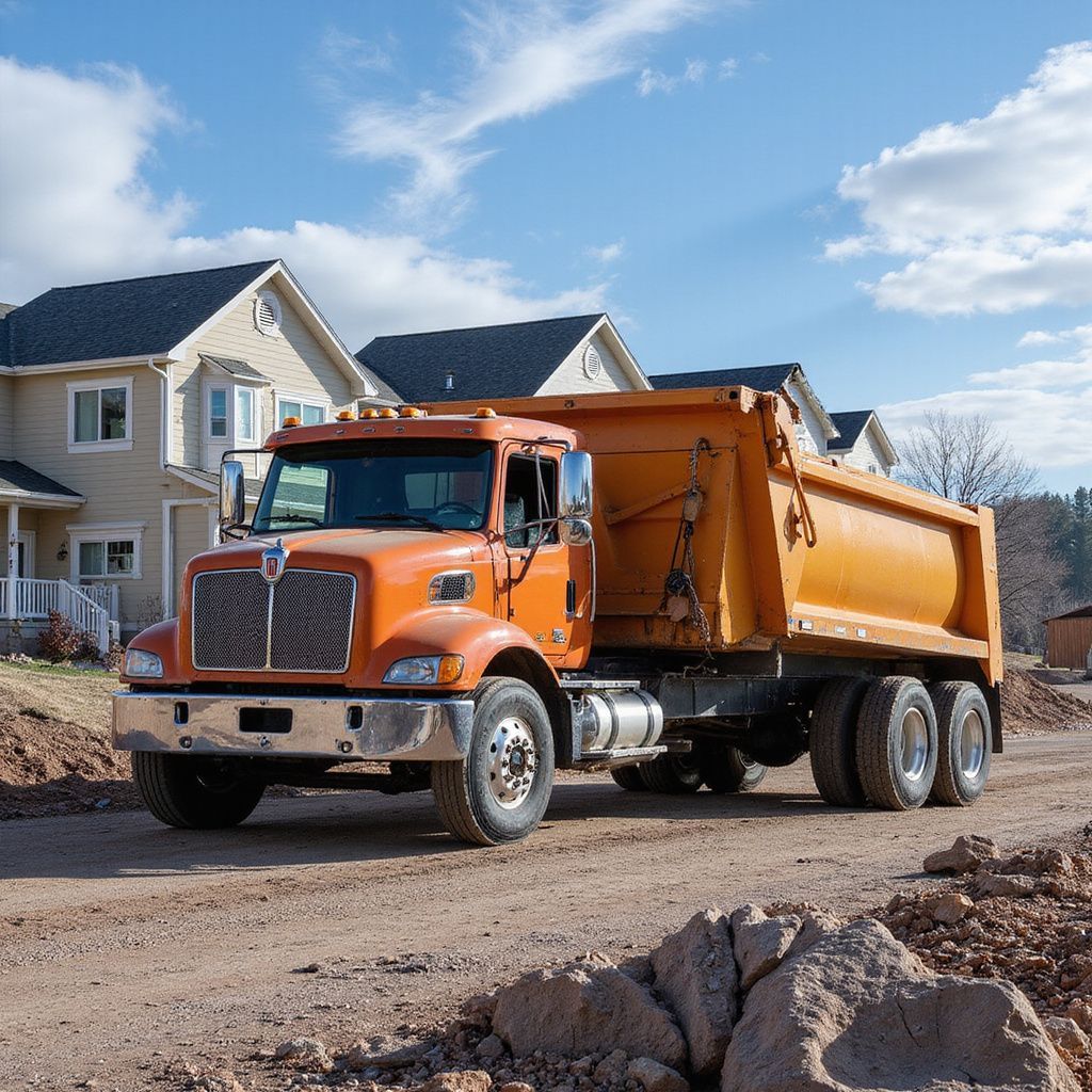 Orange dump truck on dirt road in front of houses, under a blue sky.