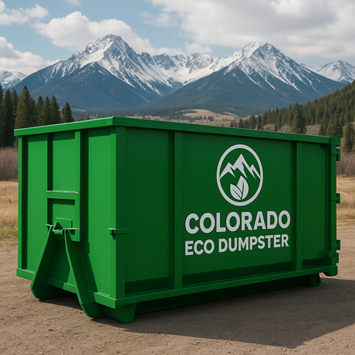 Green Colorado Eco dumpster in a driveway of a suburban house.