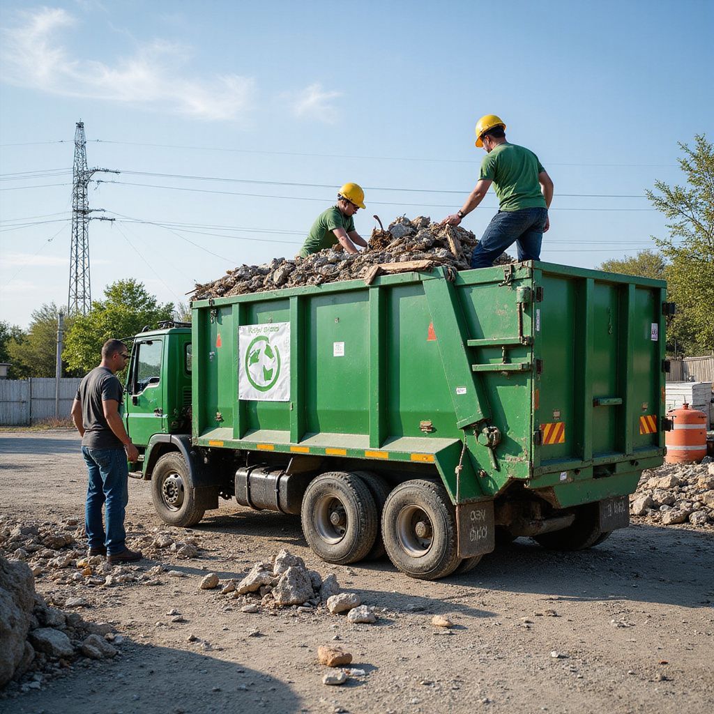 Three people loading debris into a green garbage truck under a blue sky. One person stands by truck.