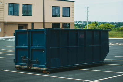 Green dumpster on wheels beside a tree on a residential street.