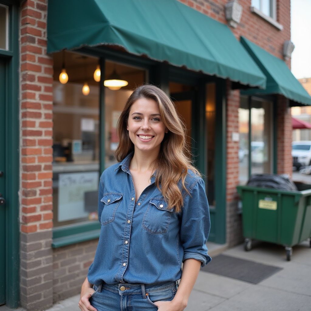 Woman in denim shirt smiles in front of a storefront with a green awning.