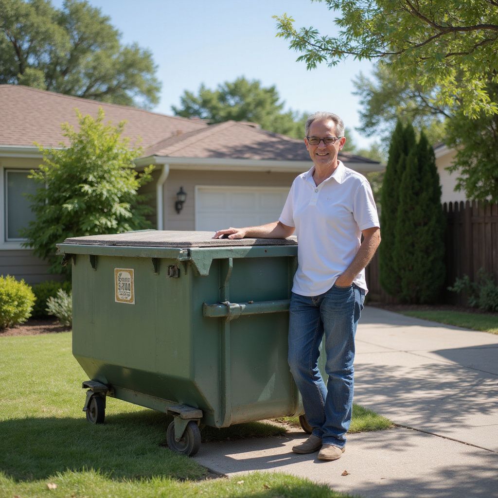 Man in a white shirt and jeans, smiling, standing next to a large green dumpster in a driveway.