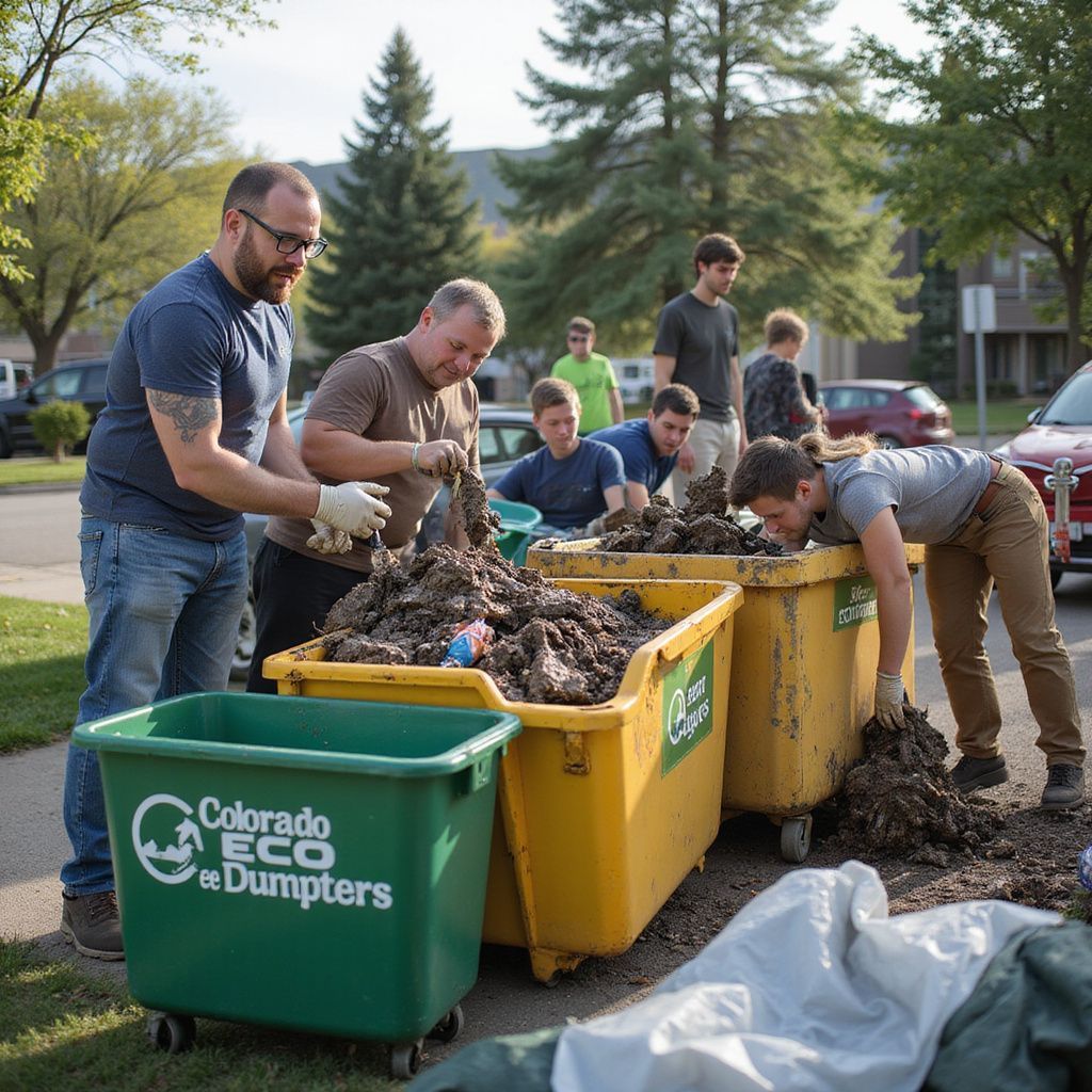 People filling yellow dumpsters with dark debris outdoors; 