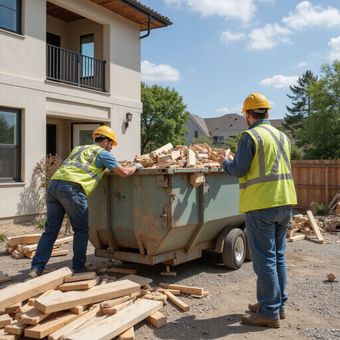 Two construction workers load debris into a dumpster at a house under construction.