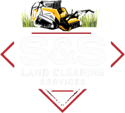 Logo for S&S Land Clearing Services, featuring a yellow tracked loader in tall grass above large white text in a red frame.