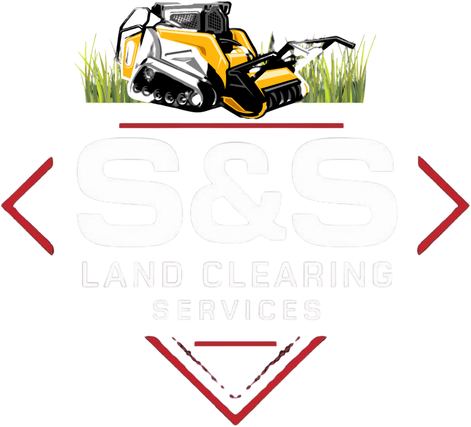 Logo for S&S Land Clearing Services, featuring a yellow tracked loader in tall grass above large white text in a red frame.