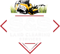 Logo for S&S Land Clearing Services, featuring a yellow tracked loader in tall grass above large white text in a red frame.