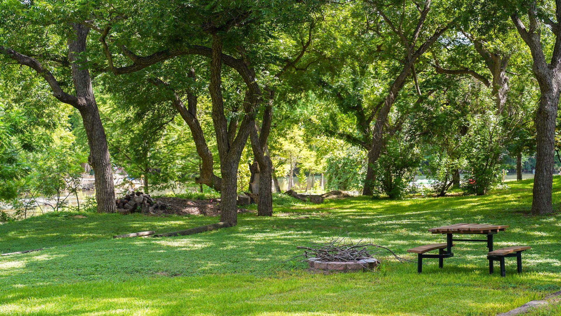 Green grassy park with picnic table and fire pit under shade trees.