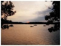 Sunset over a lake with several sailboats; dark tree silhouettes frame the view.