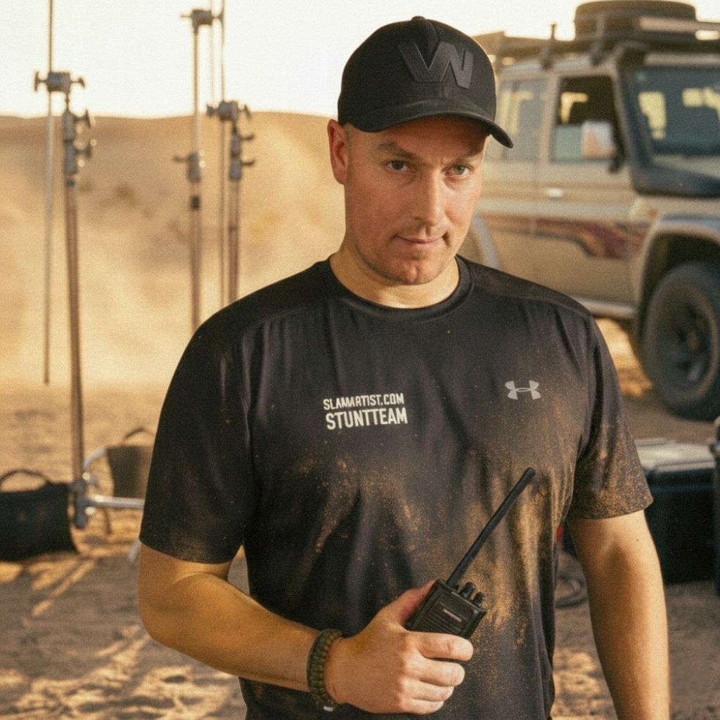 stunt coordinator Ferdi Fischer on set of a dunlop commercial