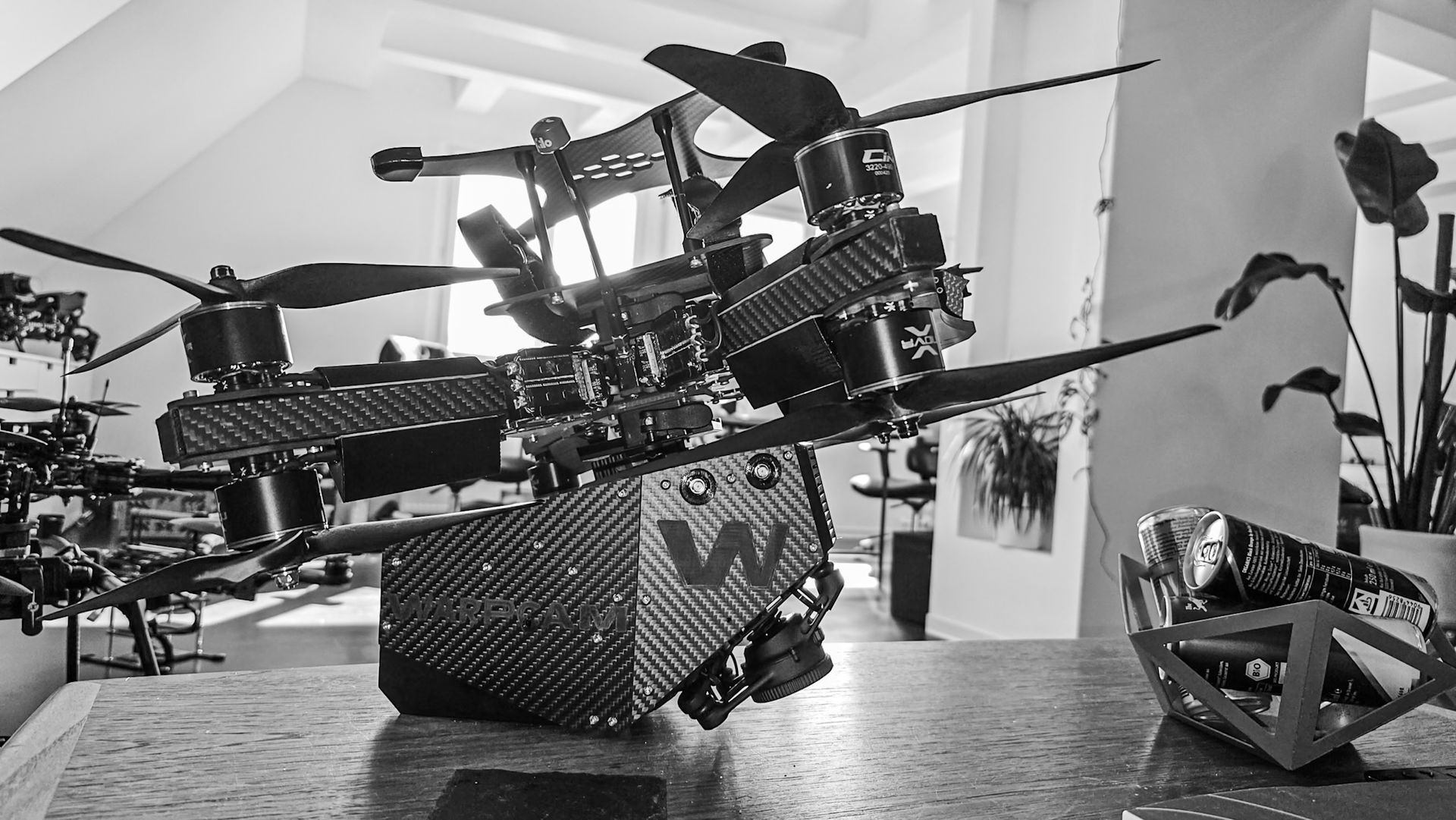 Cutting-edge WarpCam technology mounted on an FPV drone, ready to capture high-velocity stunt action from dynamic aerial perspectives.