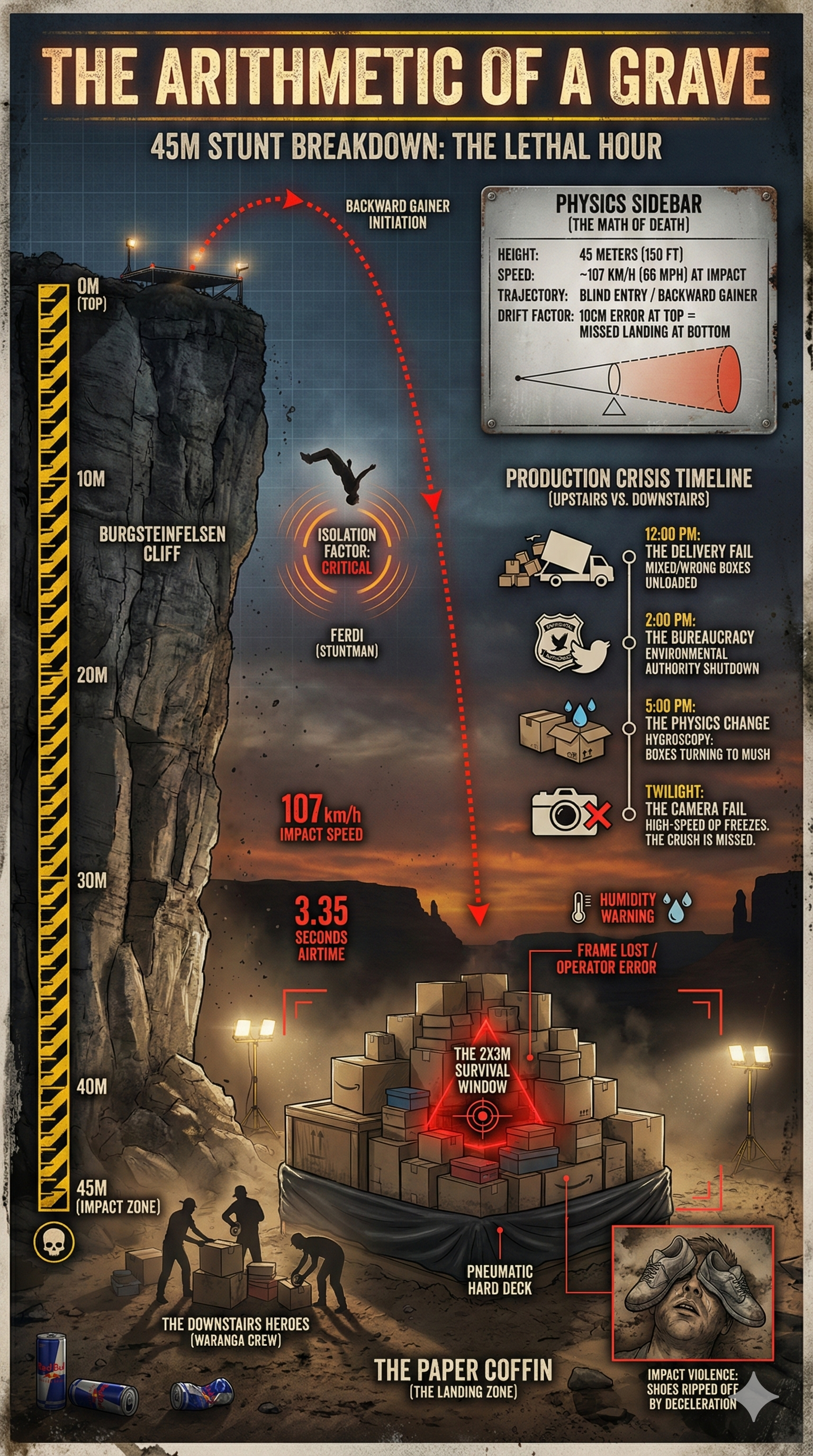 Detailed infographic explaining Ferdi Fischer’s 45 meter 150 feet Burgsteinfelsen gainer into cardboard boxes, including fall speed, drift risk, jump-out distance, box catcher build, tarp sealed pneumatic hard deck, and key problems and outcome