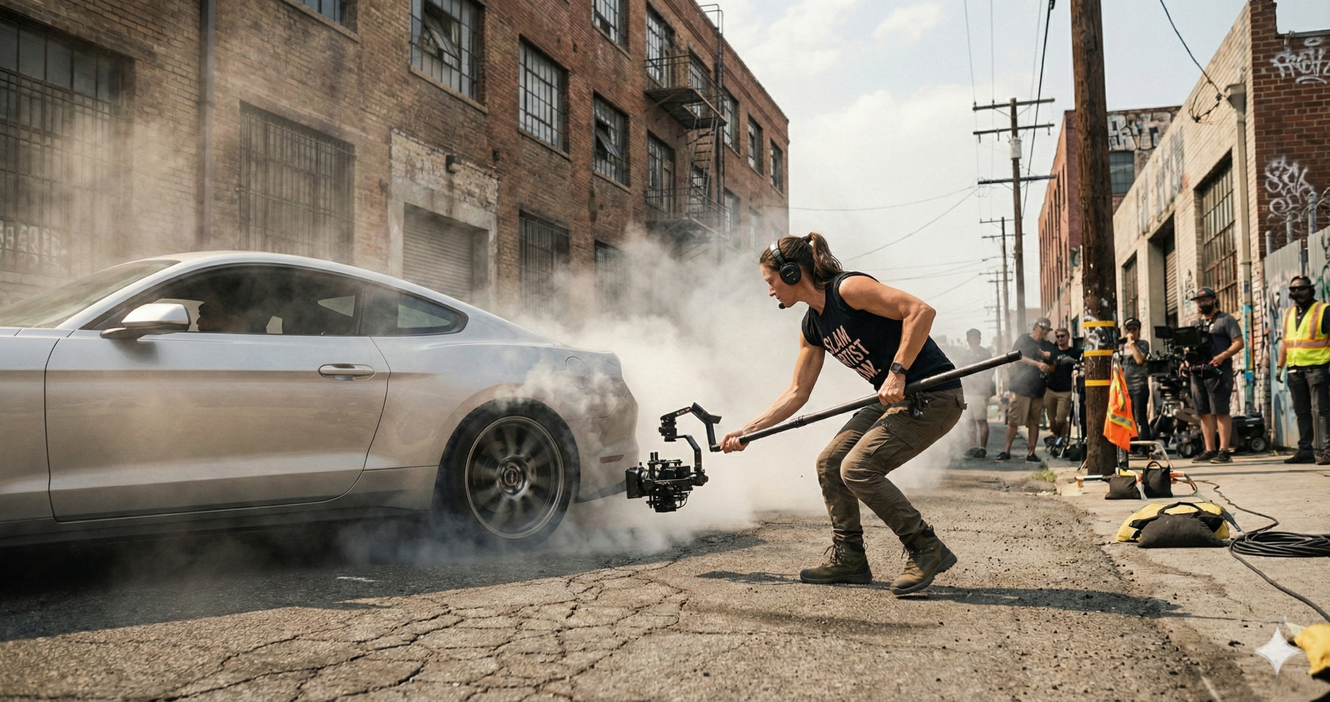 Female WarpCam operator on an action movie set in downtown Los Angeles, holding and operating the Hyper WarpCam amid city buildings and set activity during a high intensity scene.