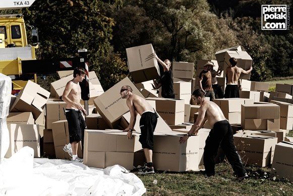Low-angle view from the box catcher build, looking up at the Burgsteinfelsen in Dollnstein, Bavaria as the cardboard box landing stack takes shape