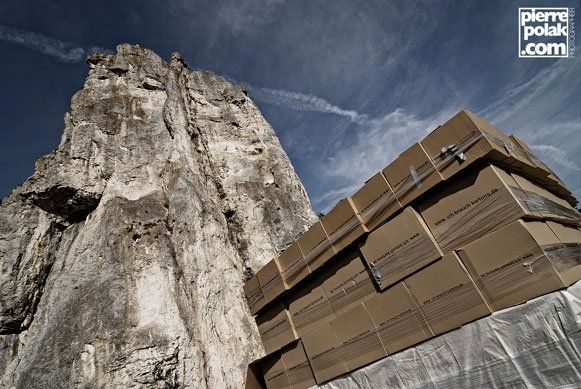 Low-angle 45 degree shot showing the Burgsteinfelsen in Dollnstein on the left and the nearly finished cardboard box catcher on the right before the 45 meter jump