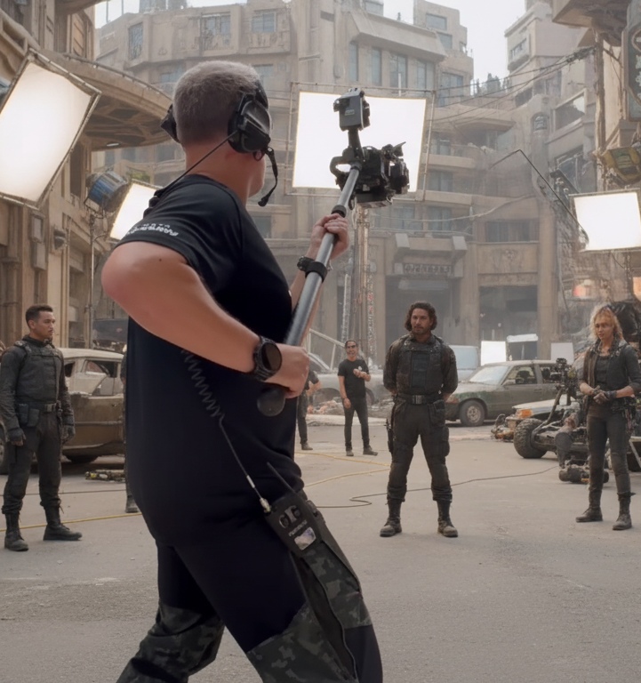 Pole-mounted HyperWarpCam® operated by SlamArtist.com during an on-set action sequence, capturing close-proximity cinematic movement inside the stunt environment