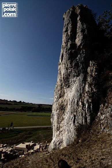 Side view of the Burgsteinfelsen in Dollnstein, Bavaria with the cardboard box landing stack beginning to build at the lower left