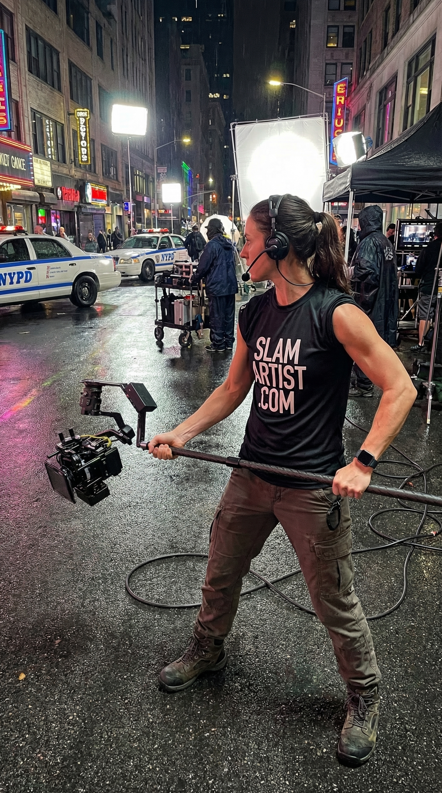 Female WarpCam operator on an action movie set in downtown Los Angeles, holding and operating the Hyper WarpCam amid city buildings and set activity during a high intensity scene.