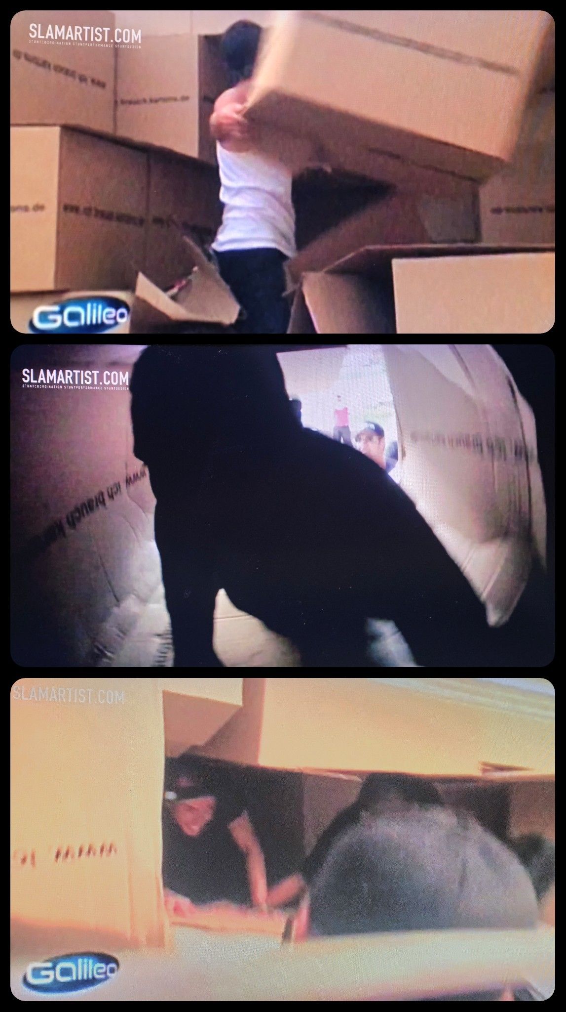 Triple split screen showing the SlamArtist stunt team frantically digging through the cardboard boxes from the side to reach Ferdi Fischer after the 45 meter Burgsteinfelsen jump