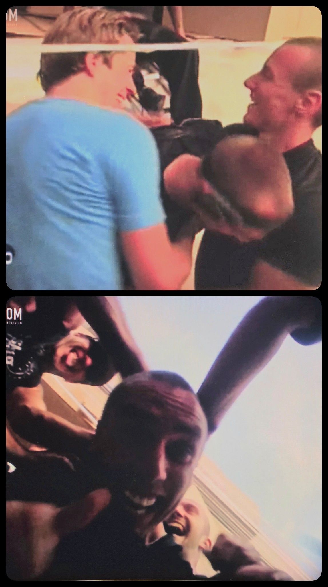 Split screen of two angles showing the SlamArtist stunt team pulling stuntman Ferdi Fischer out of the cardboard box catcher after the 45 meter Burgsteinfelsen jump