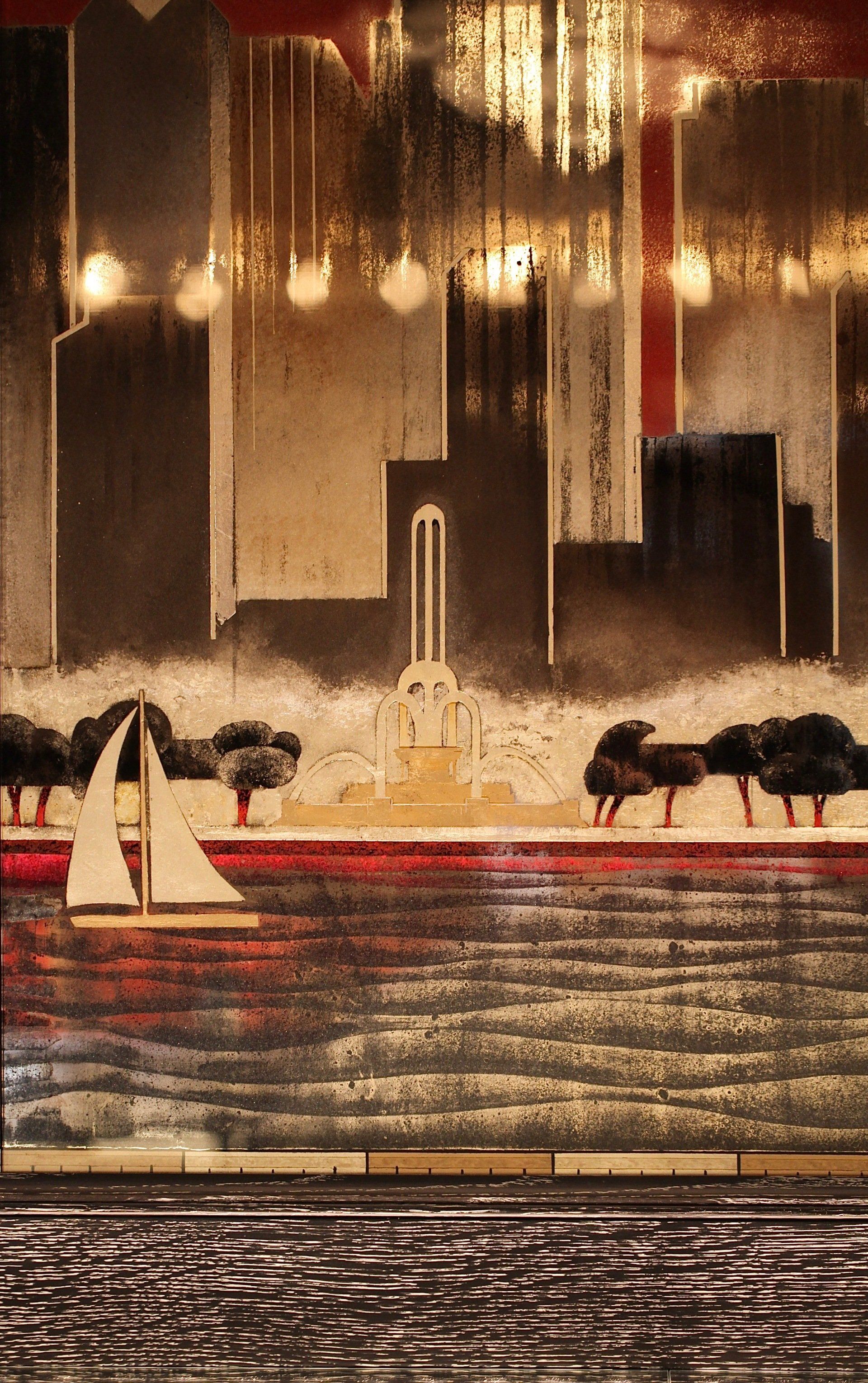 A painting of a city skyline with boats in the water