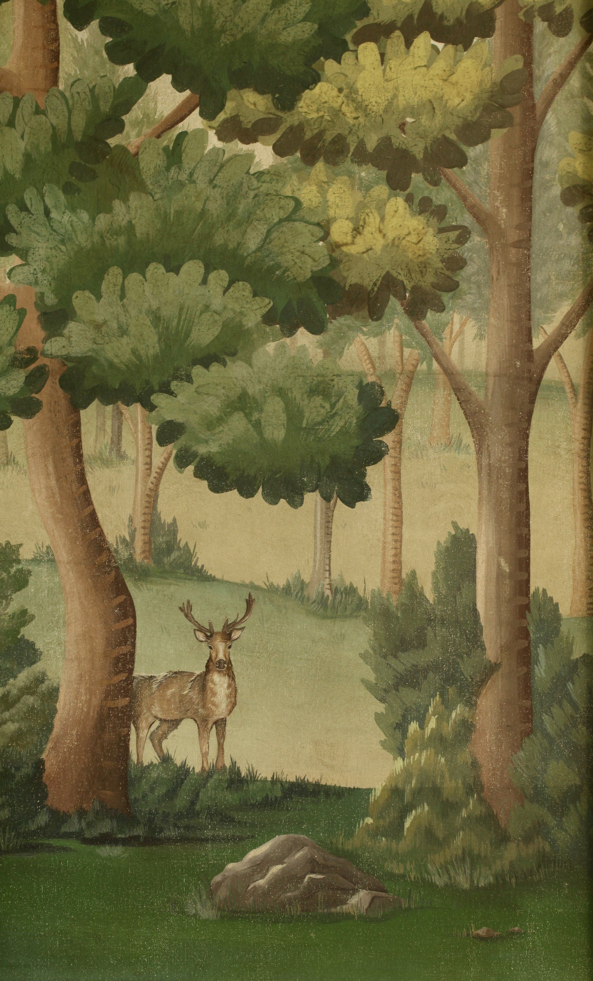 A painting of a deer standing in the middle of a forest.