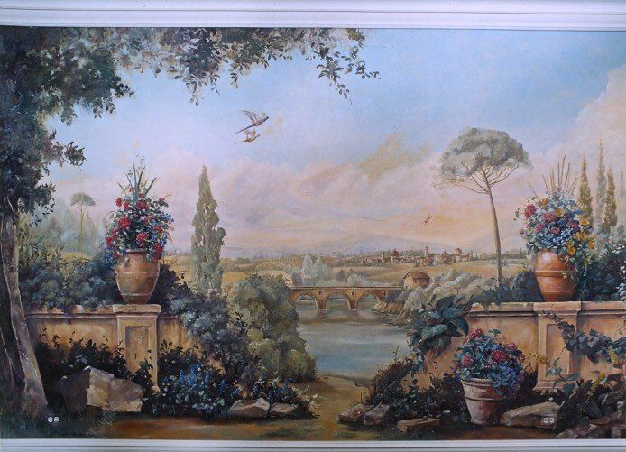 A painting of a landscape with flowers and trees