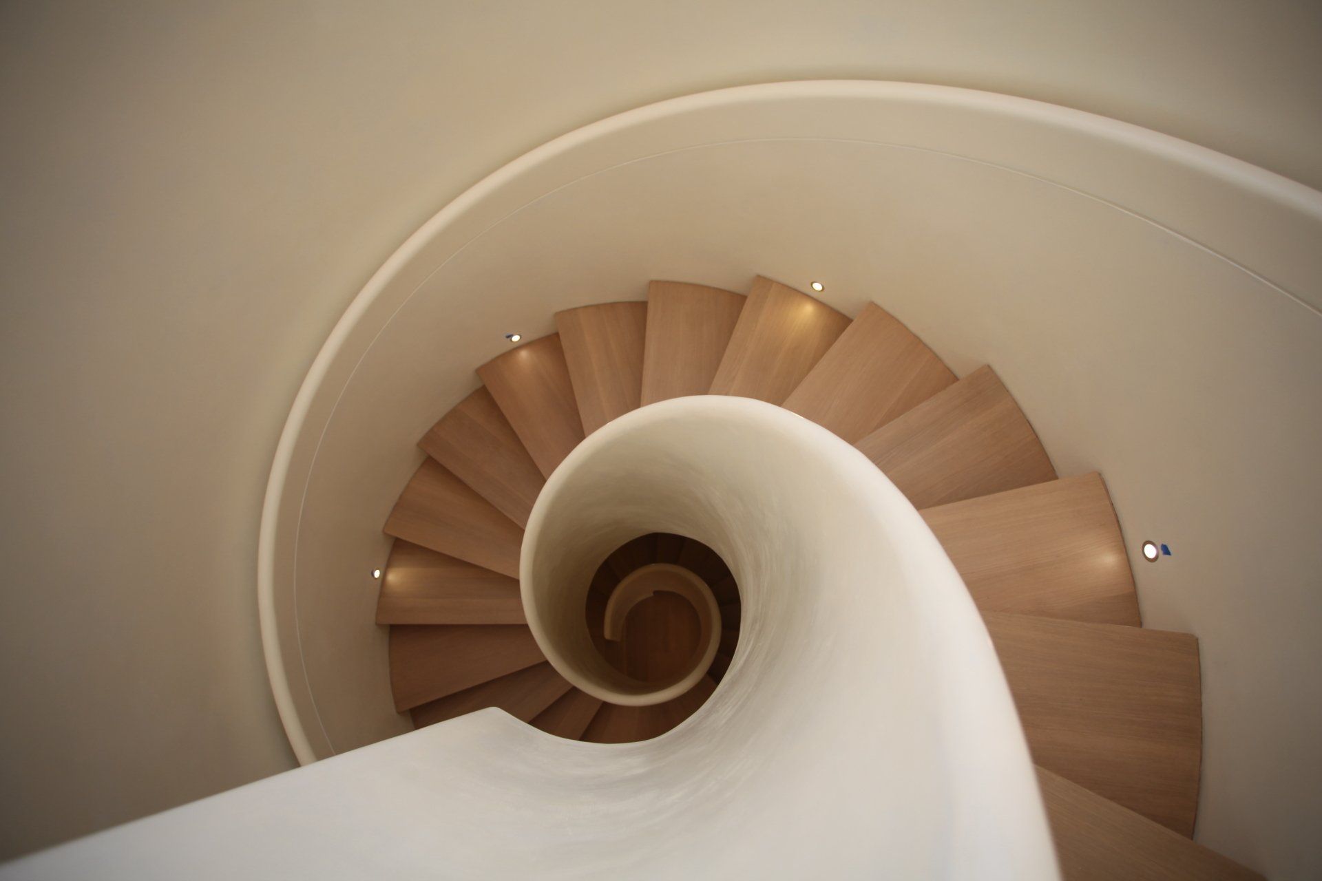 A spiral staircase with wooden steps and a white railing
