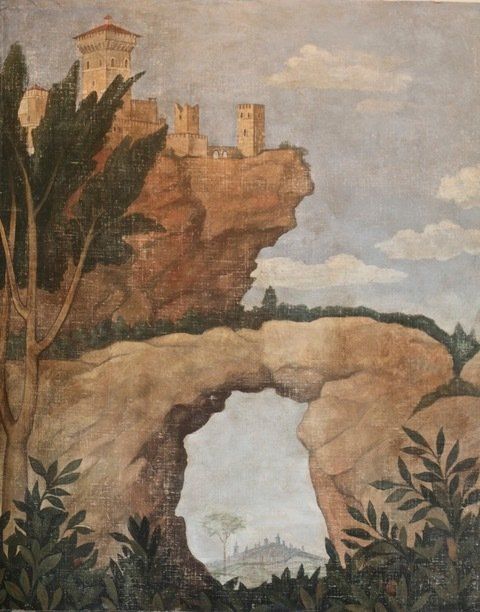 A painting of a castle on top of a cliff