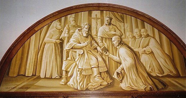 A painting of a man kneeling in front of a group of priests.