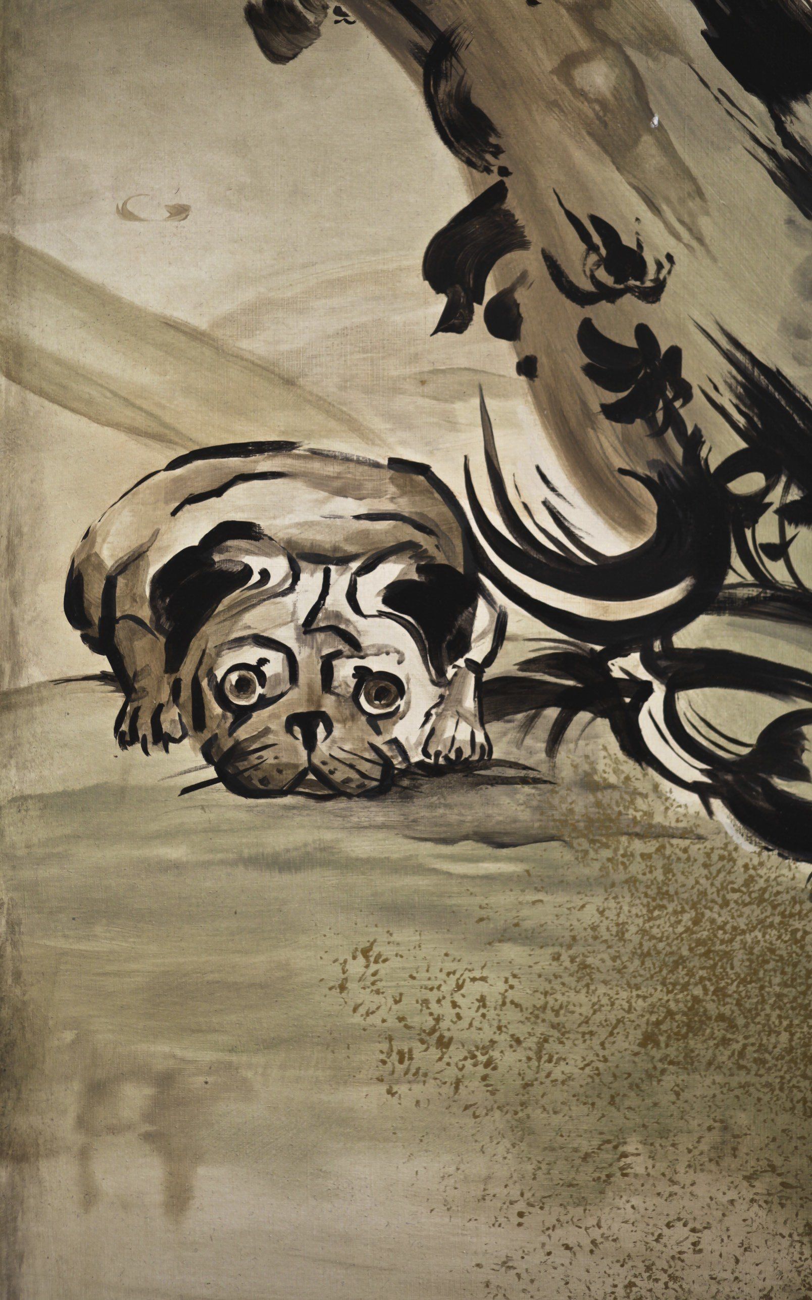 A black and white painting of a cat laying on its back