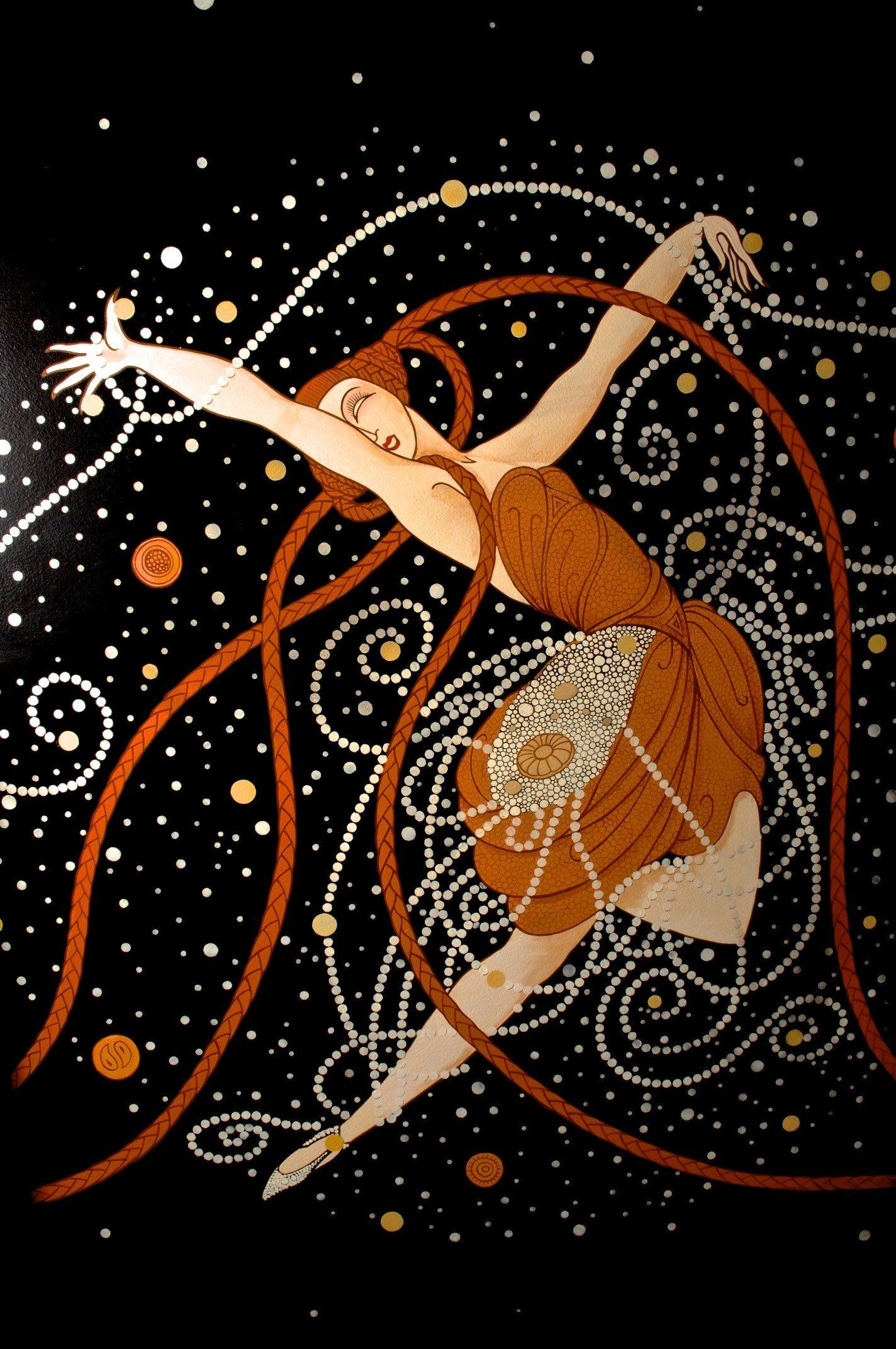 A painting of a woman in a red dress dancing in space