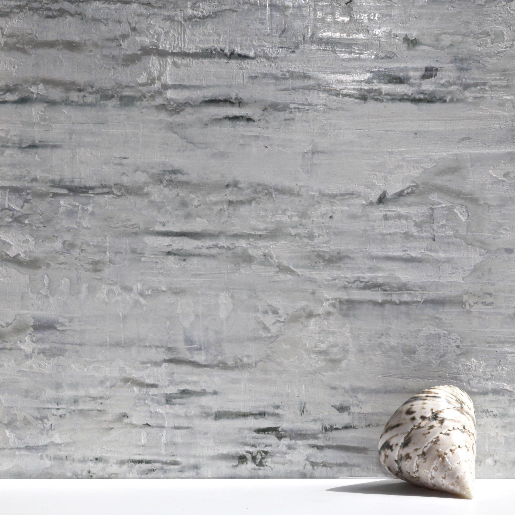 A sea shell is sitting on a table in front of a gray wall.