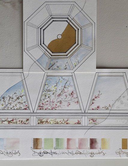 A drawing of a building with a clock on top of it