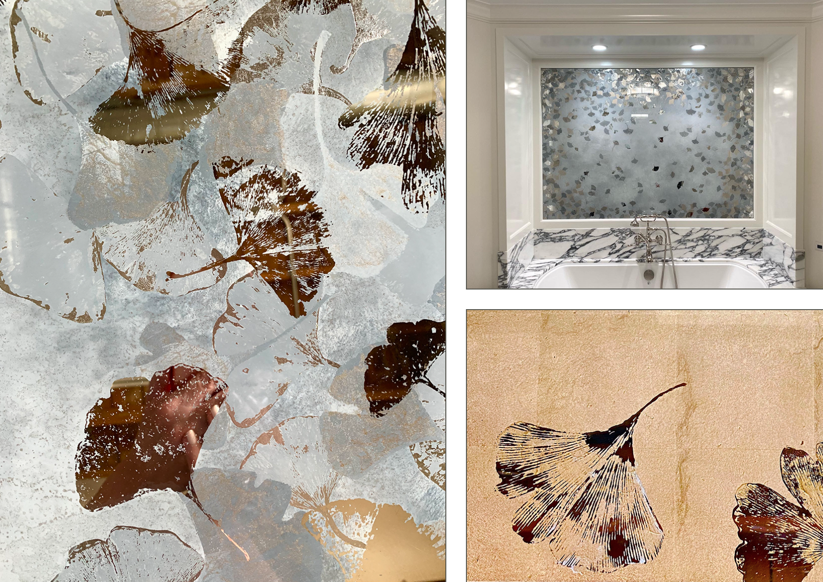 A bathroom with a painting of leaves on the wall