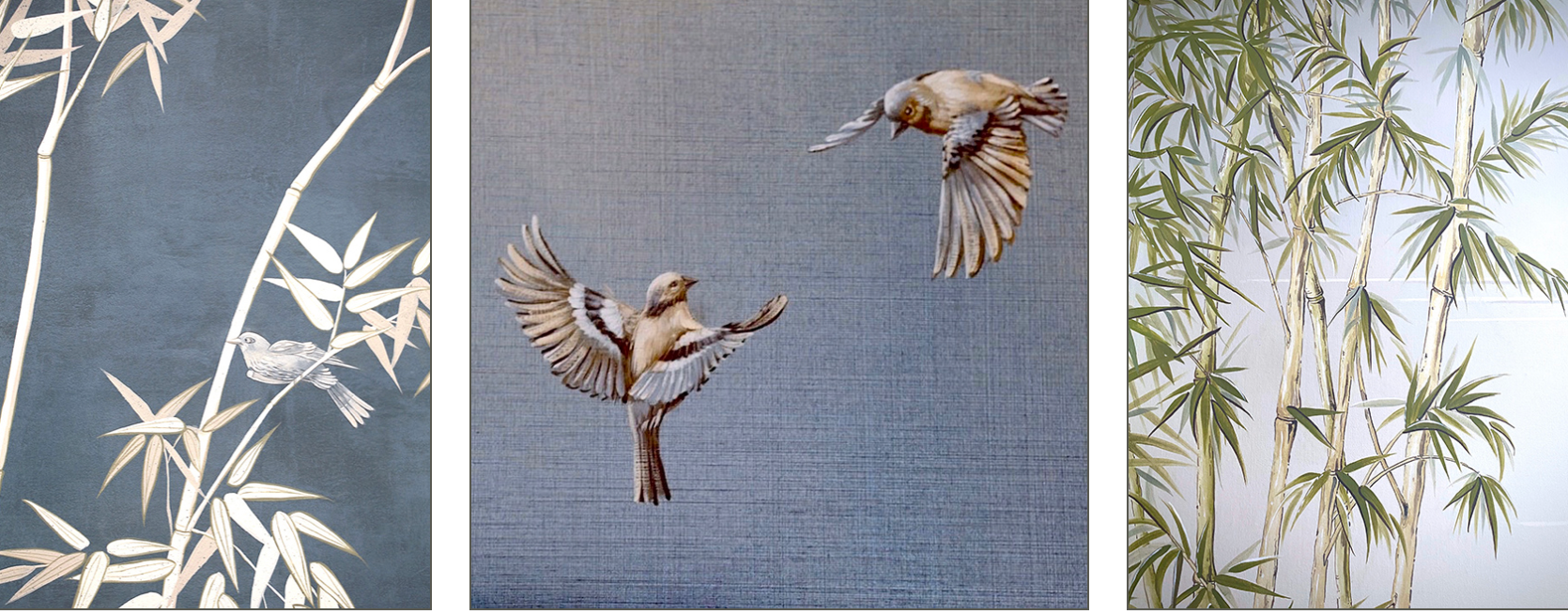 Three pictures of birds flying in front of bamboo trees