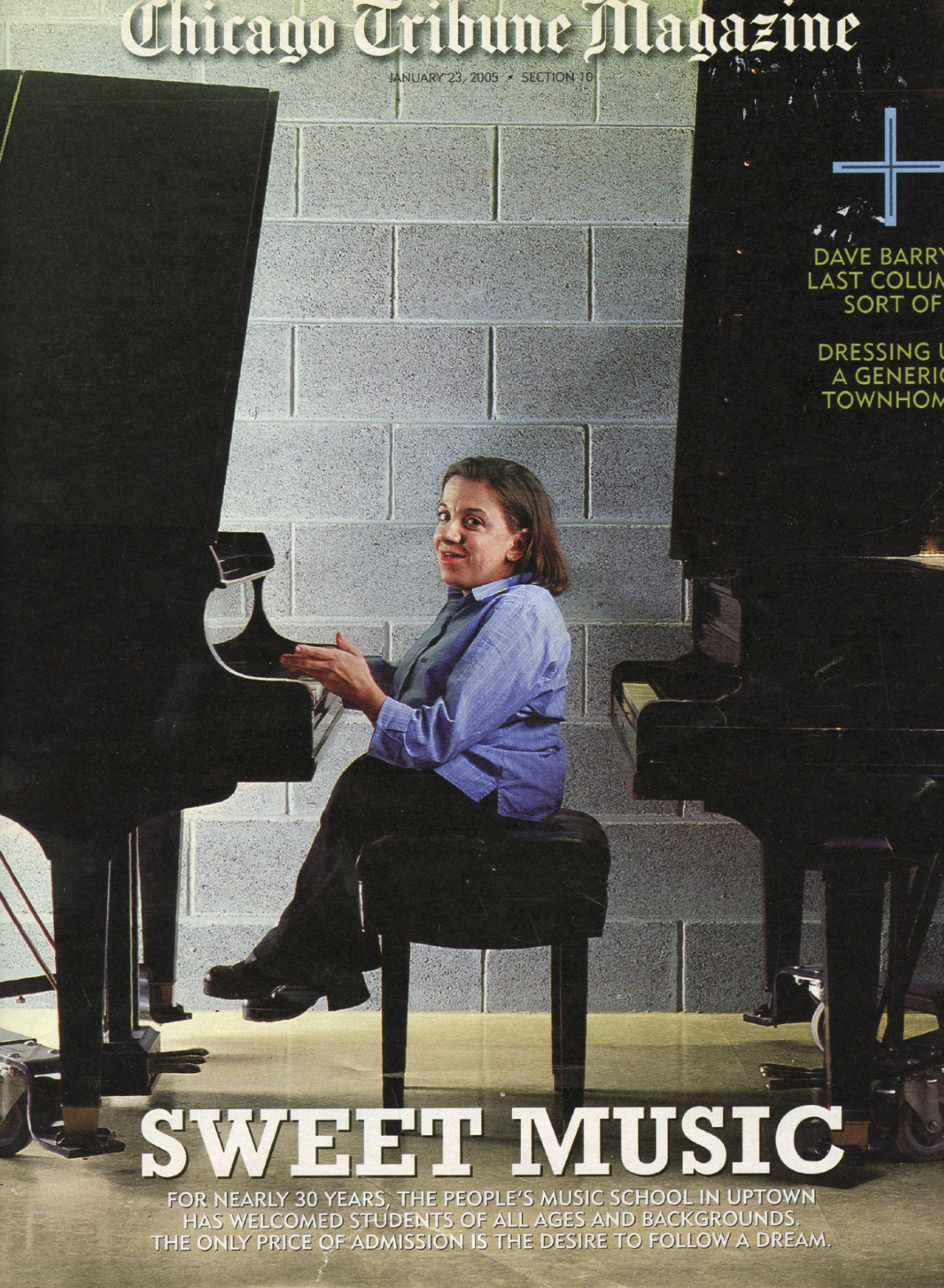 A woman sits at a piano on the cover of chicago tribune magazine