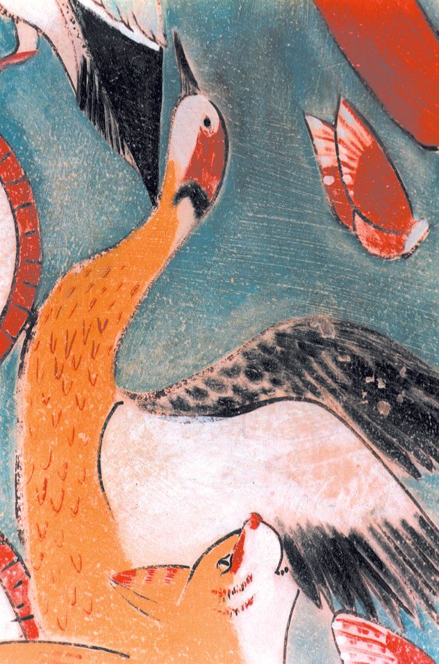 A close up of a painting of birds and a cat