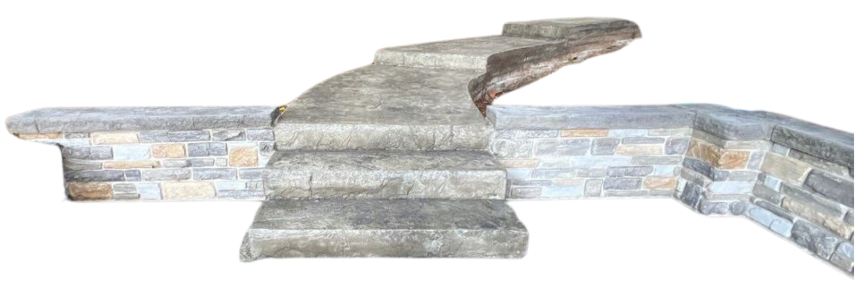 A stone staircase with a stone wall behind it on a white background.