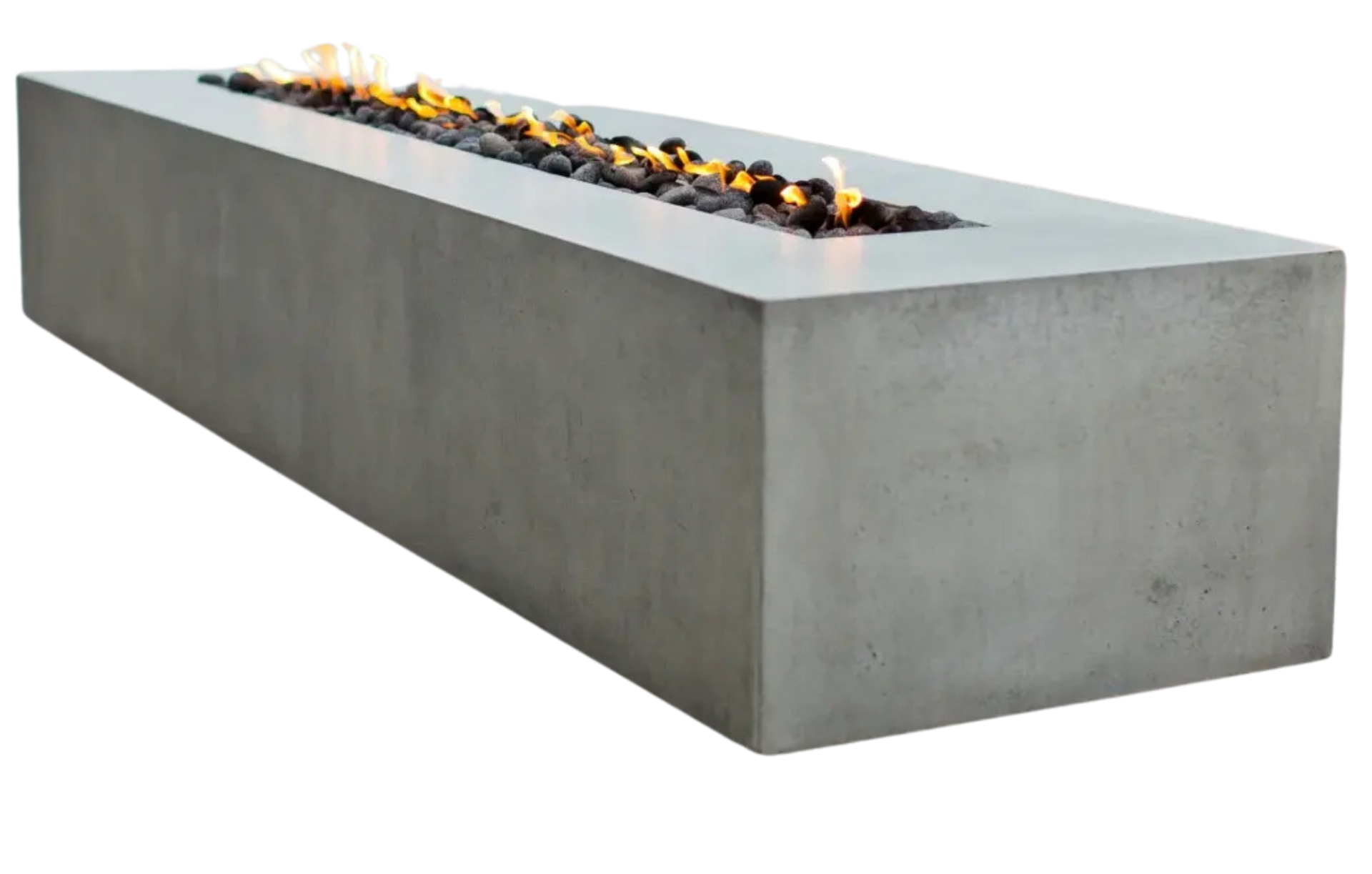 A long concrete fire pit with flames coming out of it