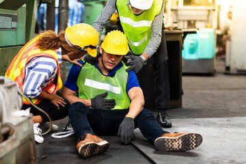 Man on the floor wearing high vis and hard hat being attended to by 2 others