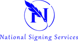 A blue logo for national signing services with a feather in the middle