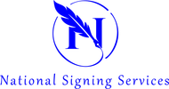 A blue logo for national signing services with a feather in the middle