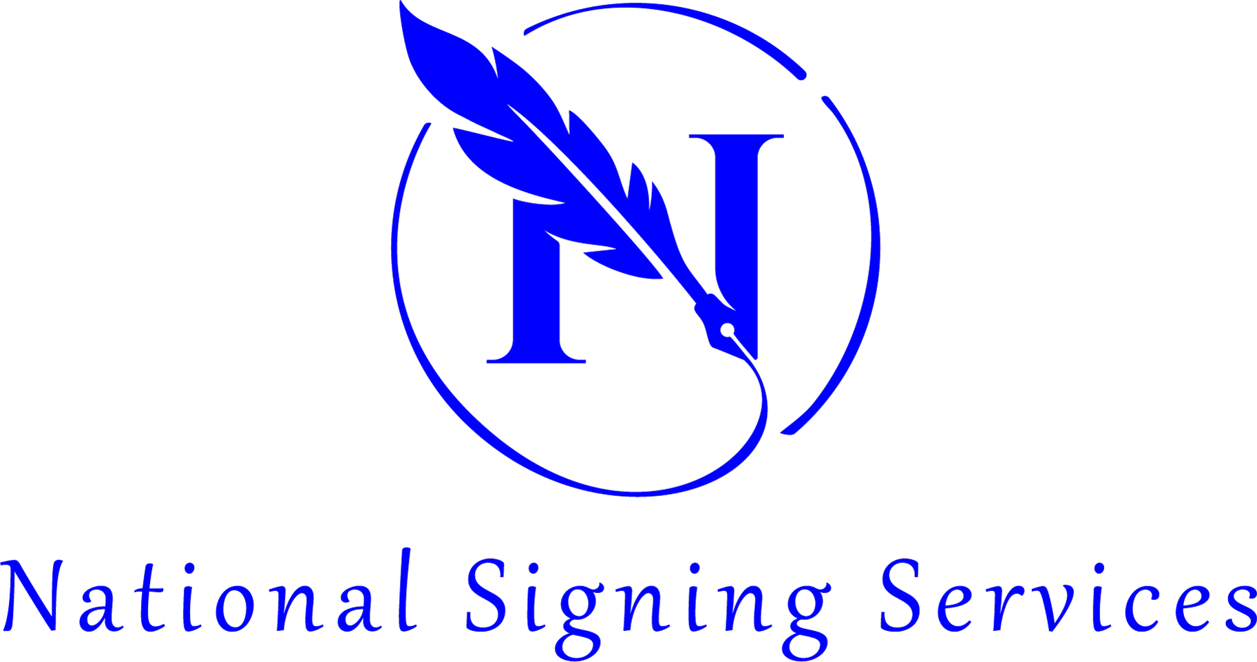 A blue logo for national signing services with a feather in the middle